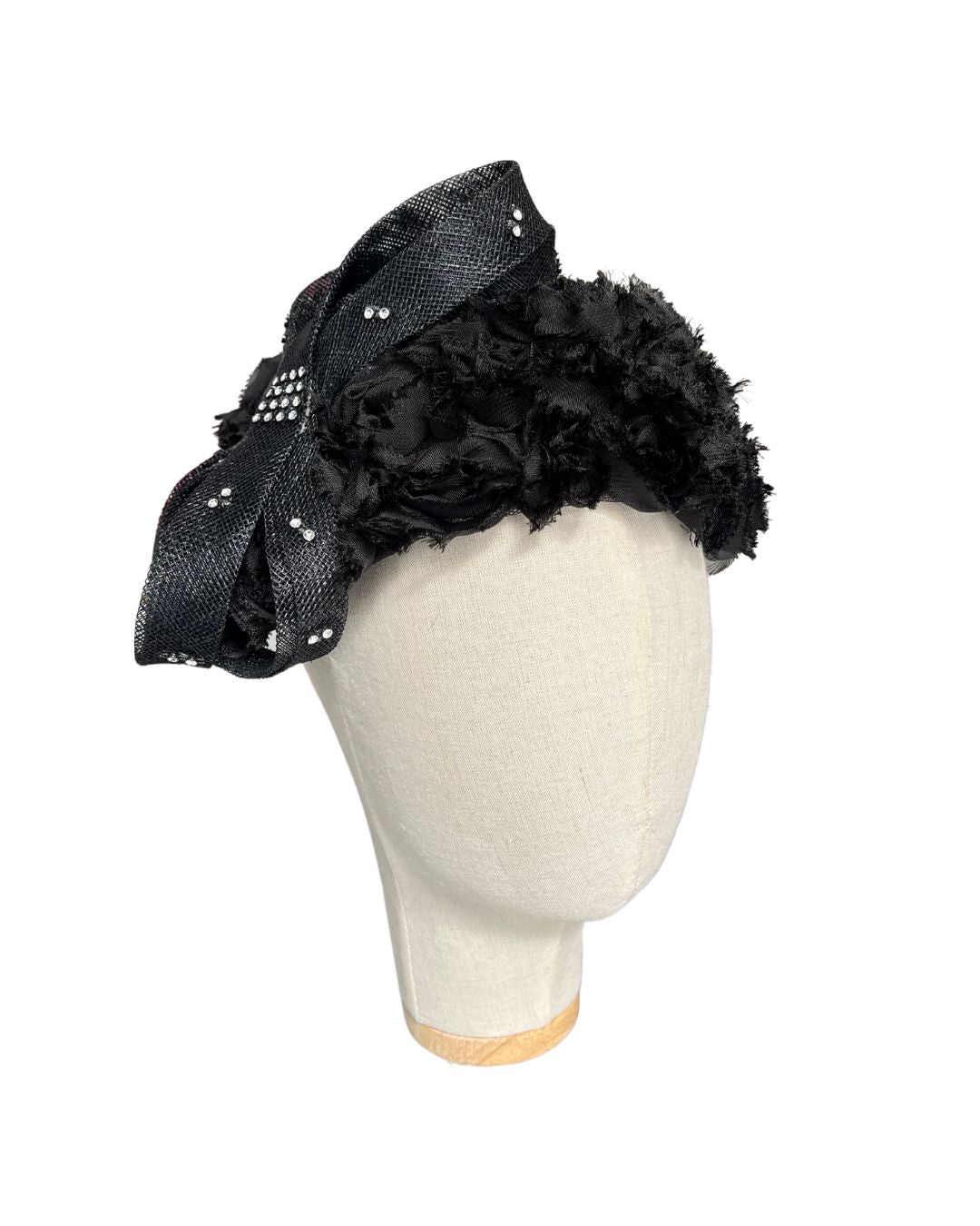 Black Vintage Style Headpiece with Sinamay Bow and Rosette DetaiL