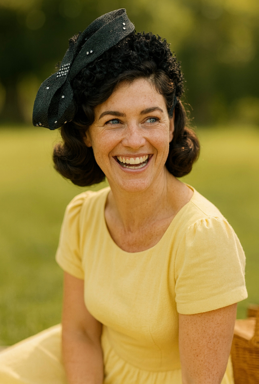 Black Vintage Style Headpiece with Sinamay Bow and Rosette DetaiL