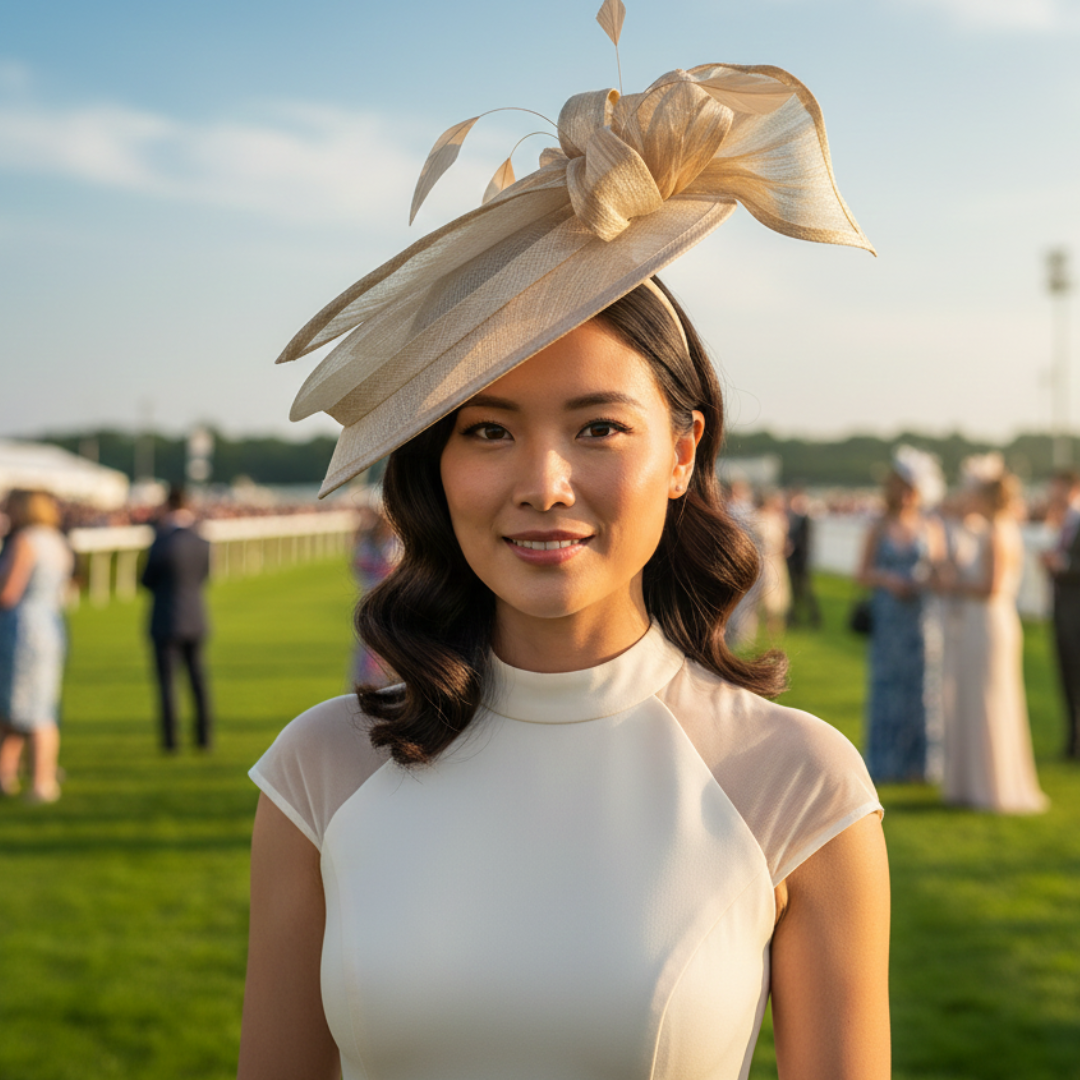 Beige and Ivory Hatinator – Luxury Designer Wedding Hat from the UK with Side Bow