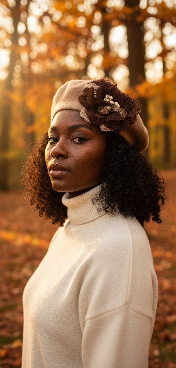 Beige Beret with Large Brown and Ivory Flower Trim
