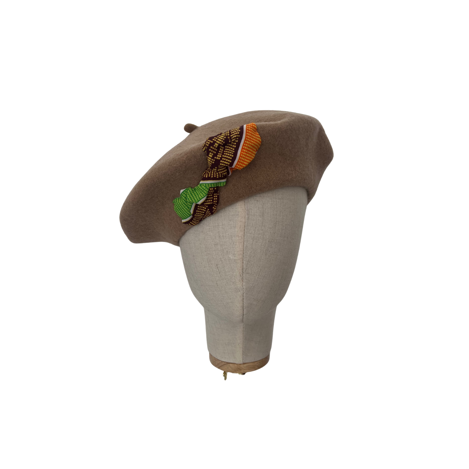 Beige Beret with African Print Trim