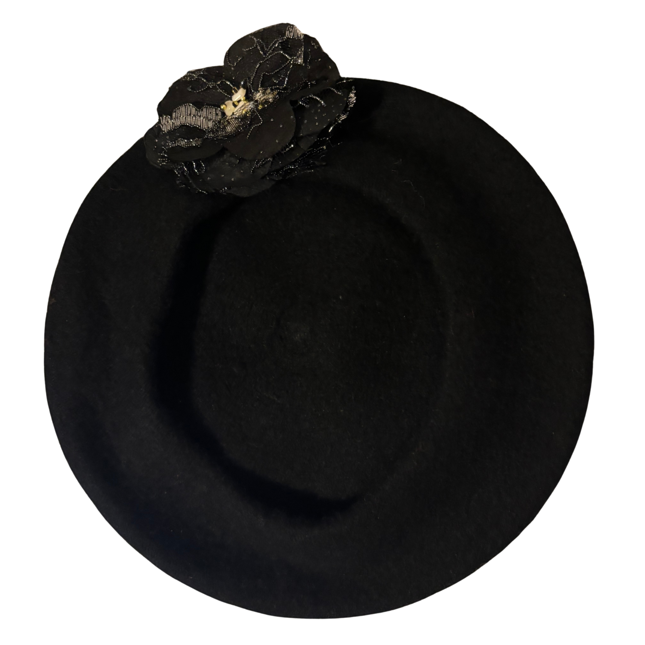 Black Beret with Complimentary Black & Gold Flower Trim