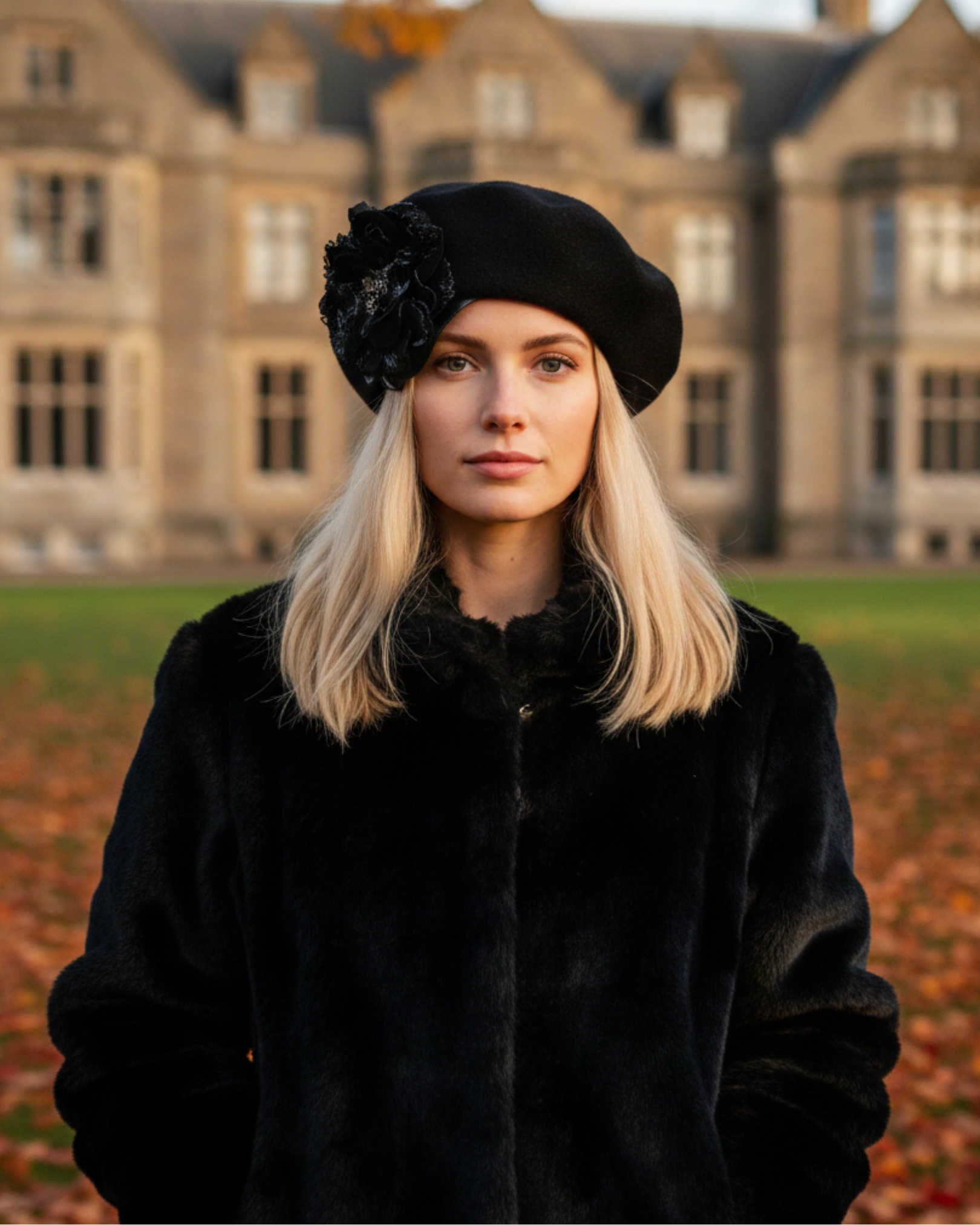 Black Beret with Complimentary Black & Gold Flower Trim