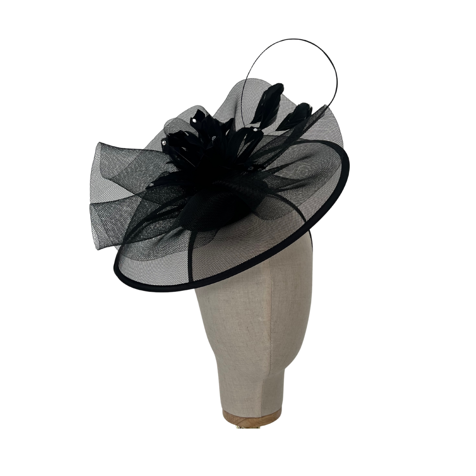 Black Crinoline Fascinator – Feather and Flower Trim Headpiece with Silver Embellishment