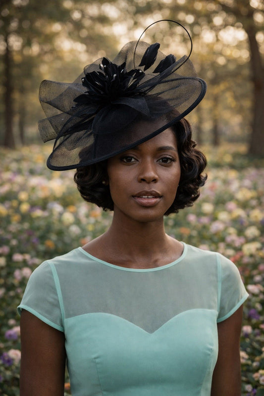 Black Crinoline Fascinator – Feather and Flower Trim Headpiece with Silver Embellishment