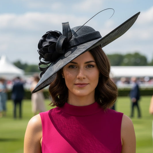 Black Large Brim Designer Hatinator – Luxury Wedding and Race Day Hat UK