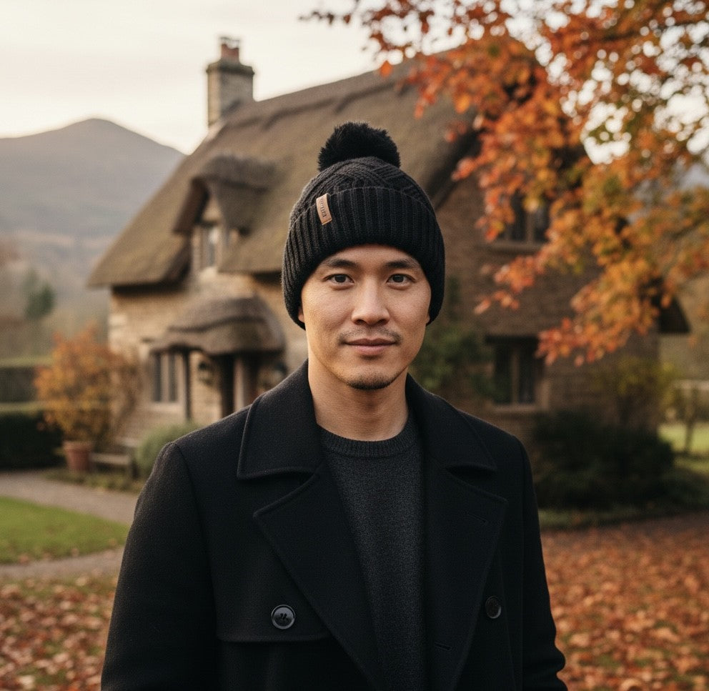 Black RockJock Cable Knit Hat with Thermal Teddy Fleece Lining