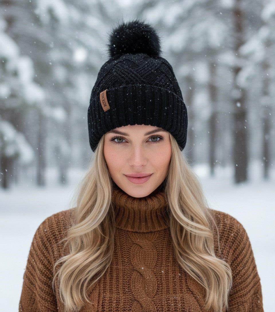 Black RockJock Cable Knit Hat with Thermal Teddy Fleece Lining
