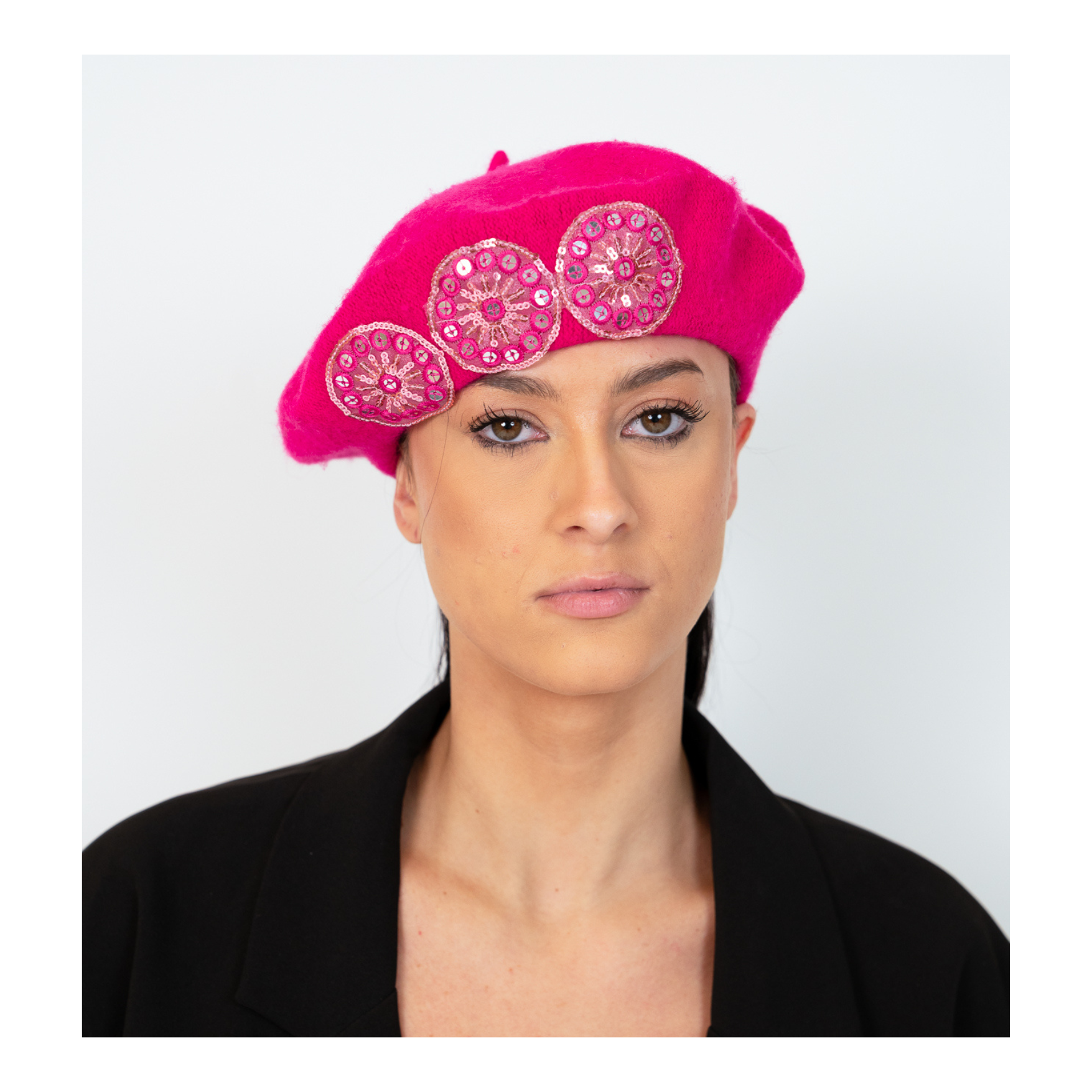Cerise Pink Beret with Circular Sequin Trims