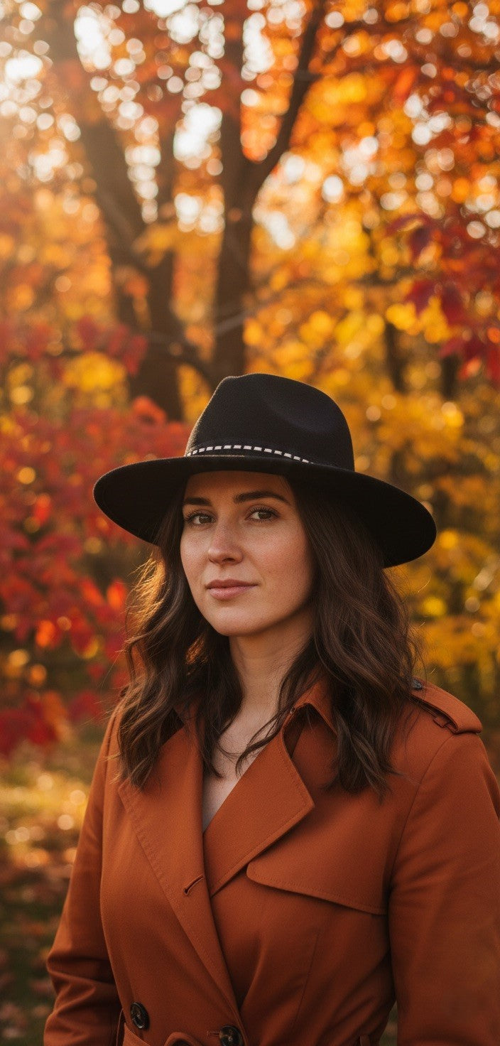Womens' Black Structured Fedora with Black and Ivory Lace Trim