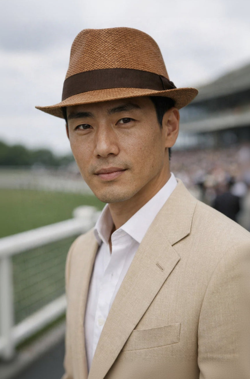 Men’s Genuine Brown Panama Straw Trilby Hat – Classic Summer Style for Sophisticated Gentlemen