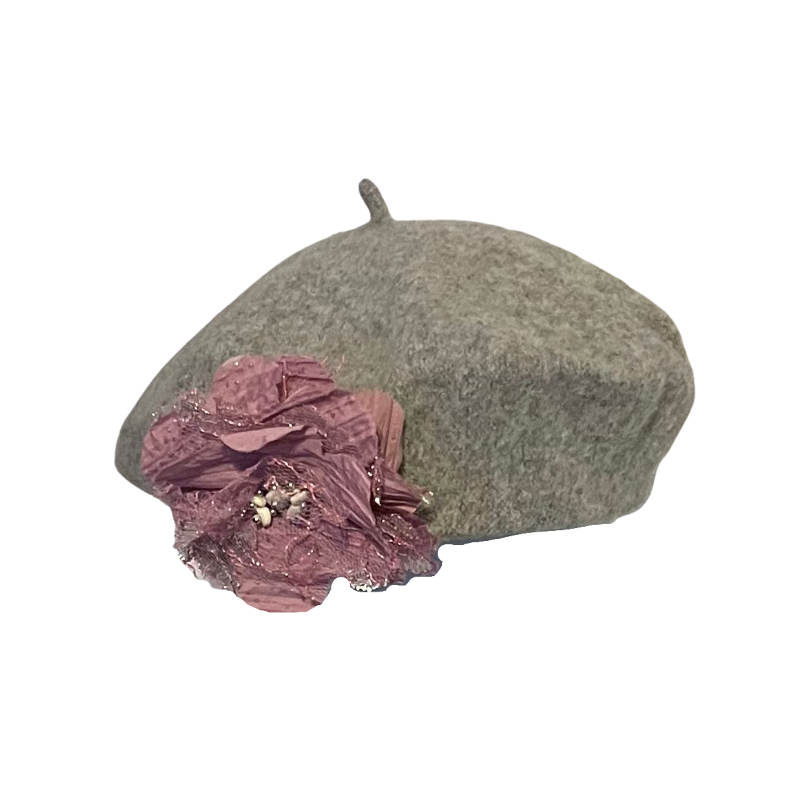 Grey Beret with Dusky Pink Flower Trim with Embellishments