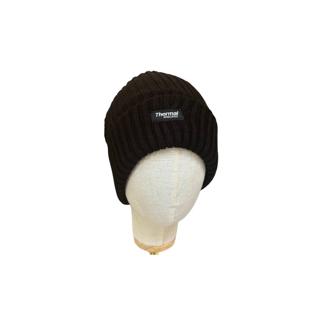 Mens' Black Thermal Insulated Warm Winter Knitted Ribbed Cuffed Beanie Hat
