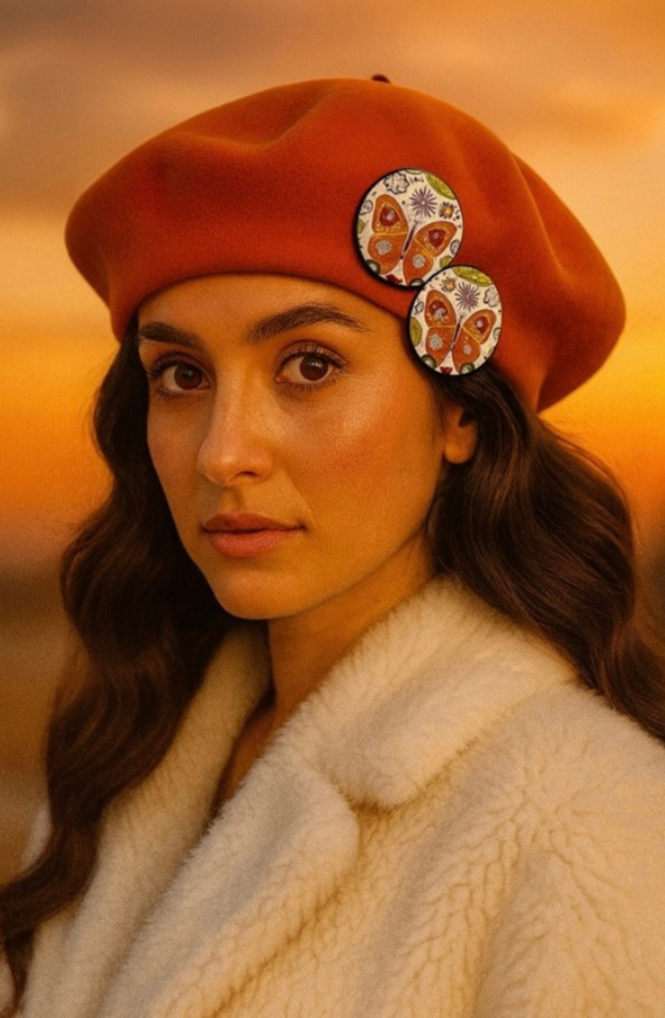 Orange Beret with Complimentary Multi-Colour Button Trims