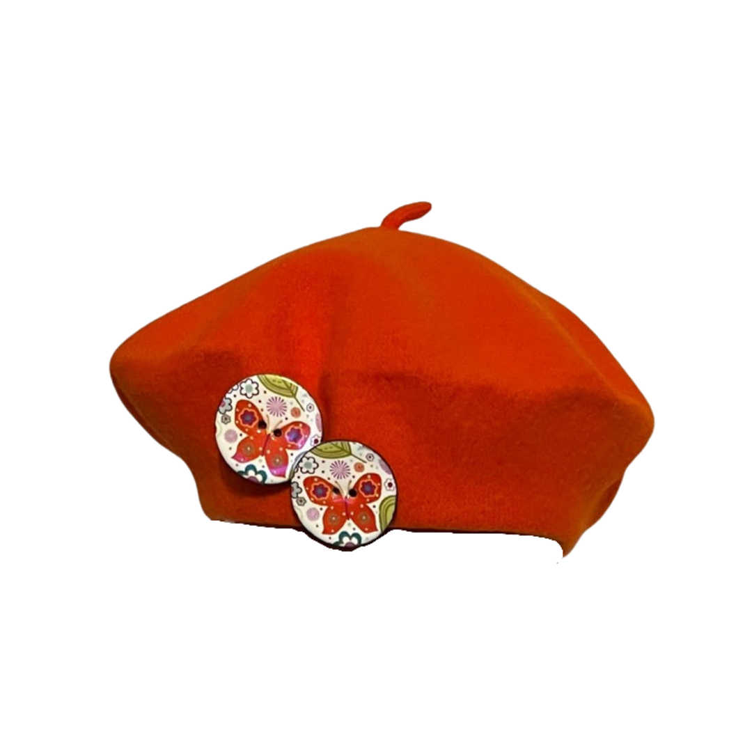 Orange Beret with Complimentary Multi-Colour Button Trims