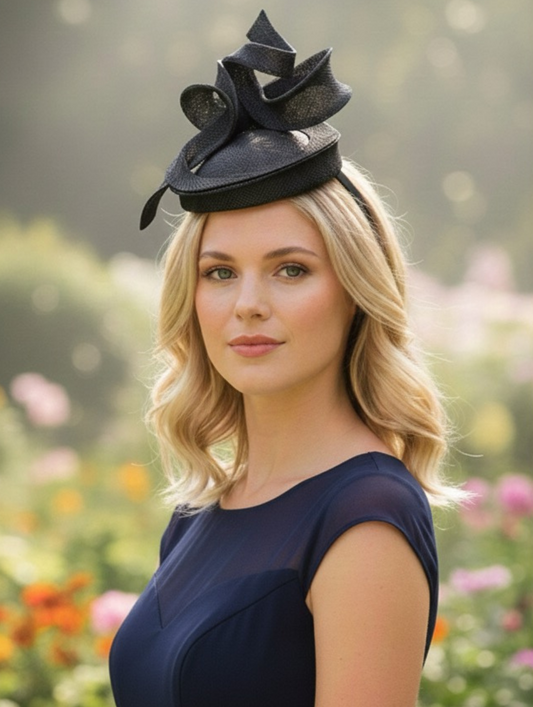 Pillbox Sinamay Fascinator with Sculpted Loops – Black and Pink Designer Headband for Weddings and Races