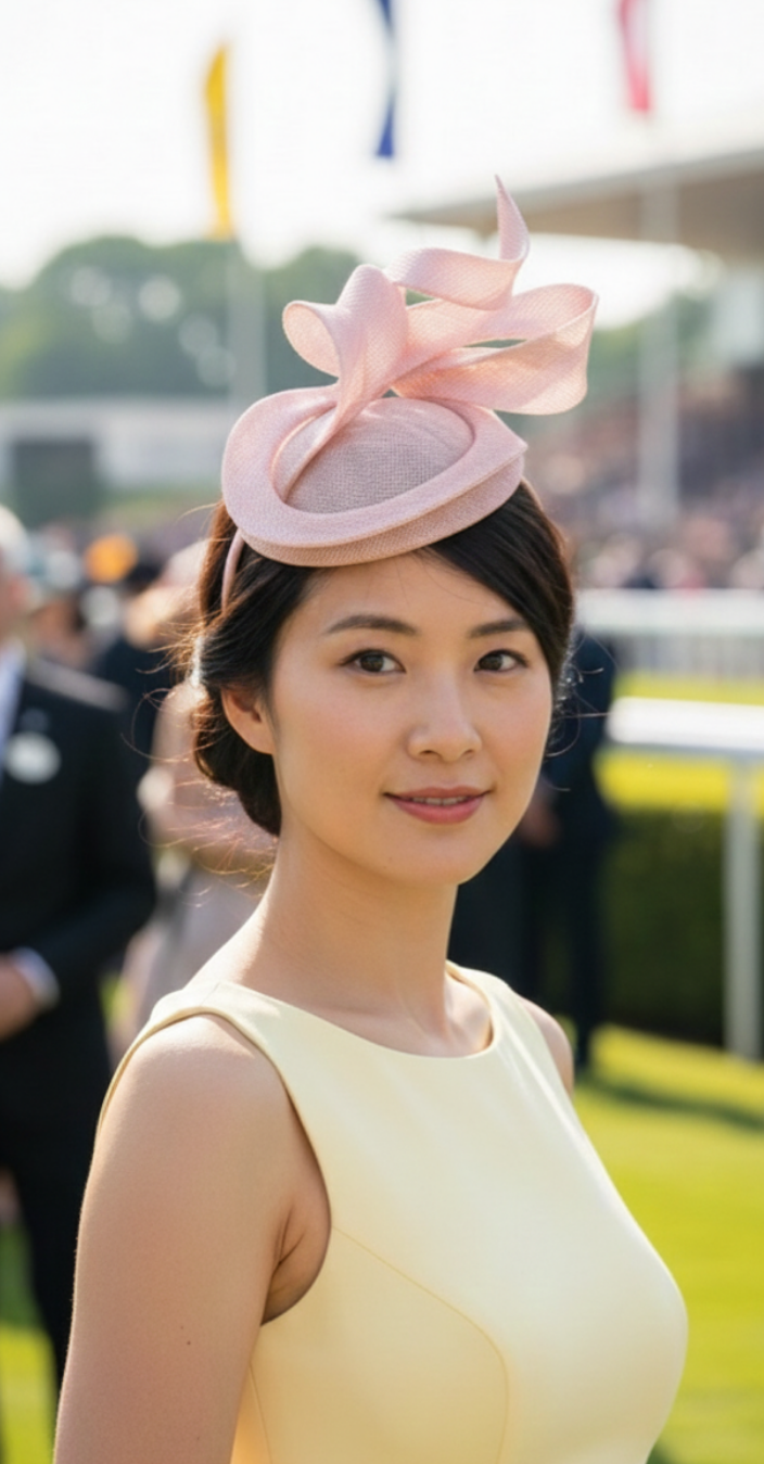 Pillbox Sinamay Fascinator with Sculpted Loops – Black and Pink Designer Headband for Weddings and Races