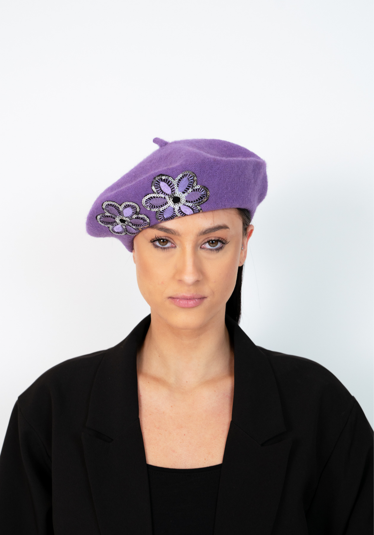 Purple Beret with Large Black and Silver Flower Trims