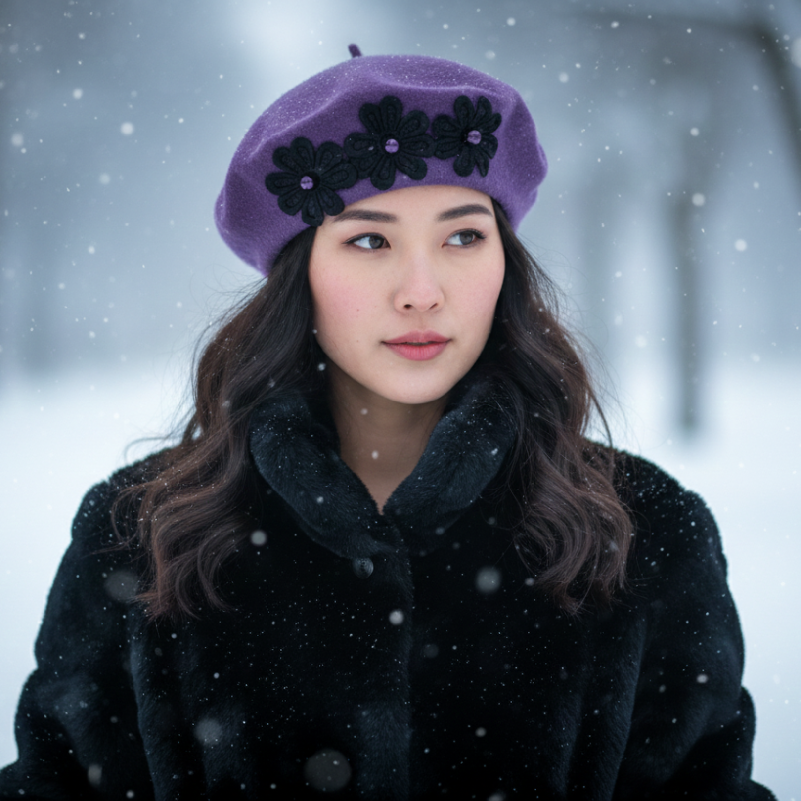 Purple Beret with Large Black Flower Trims