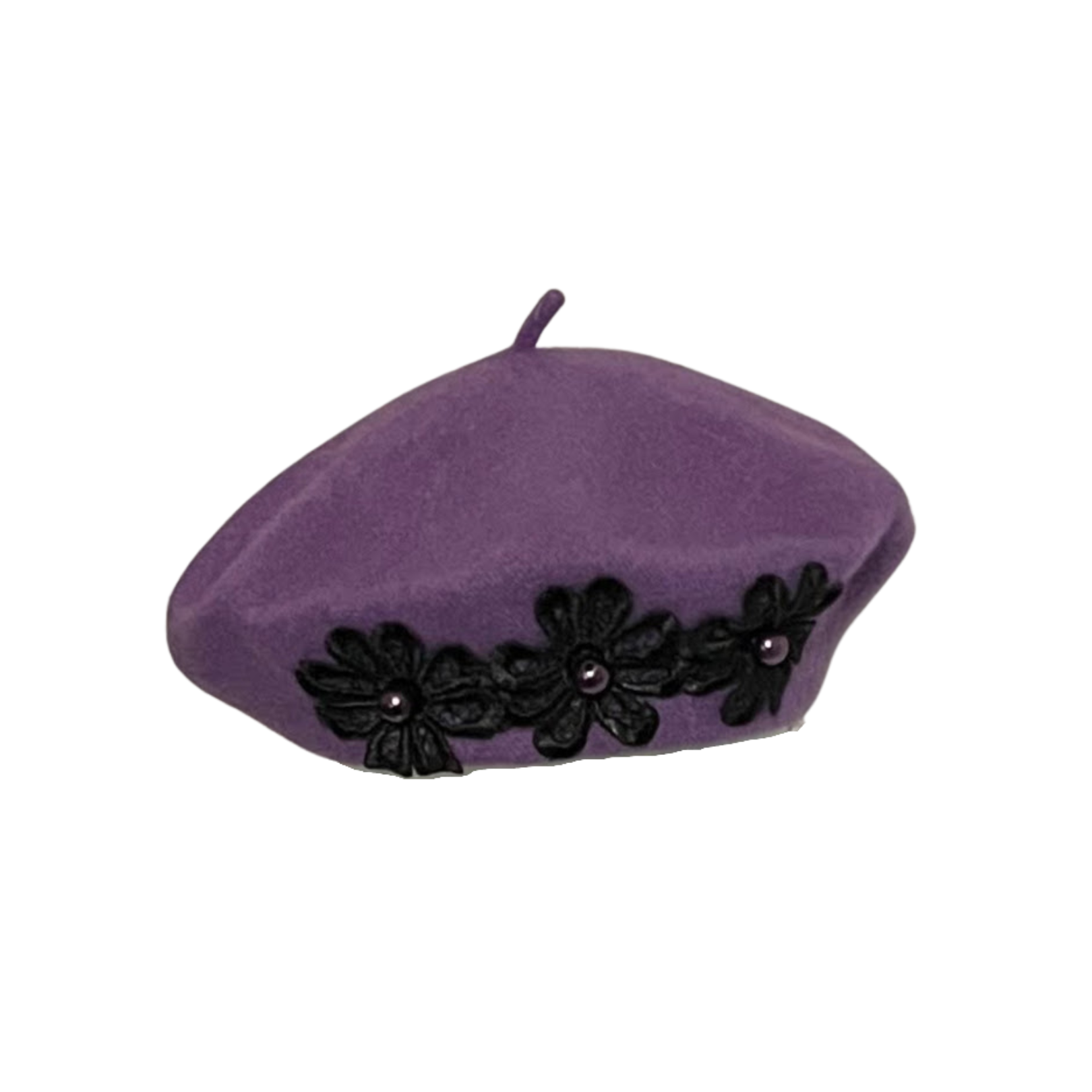 Purple Beret with Large Black Flower Trims