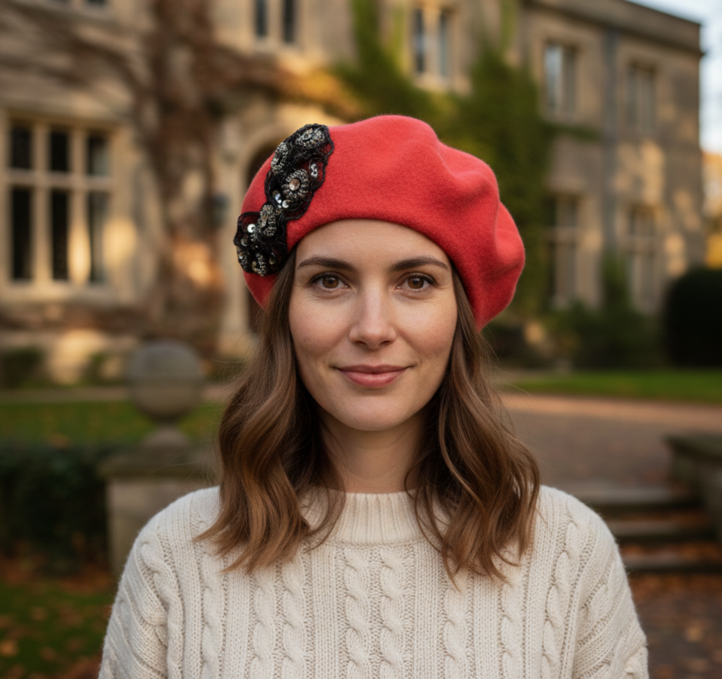 Red Beret with Black and Silver Bow