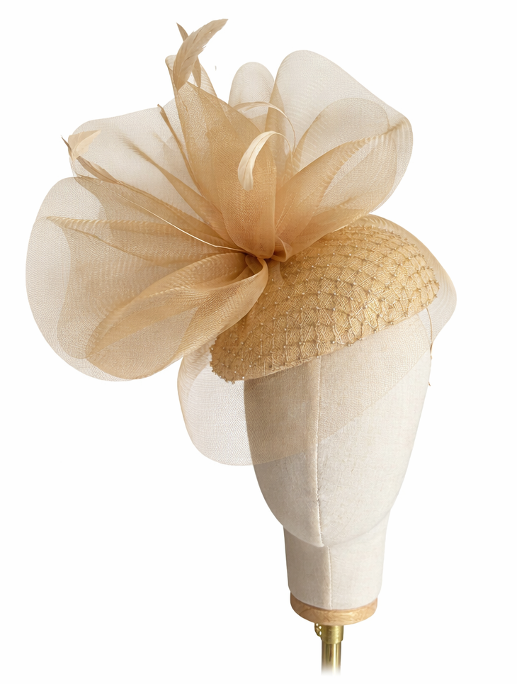 Snoxell Gwyther Gold Hatinator – Embellished Crinoline and Feather Trim Headpiece