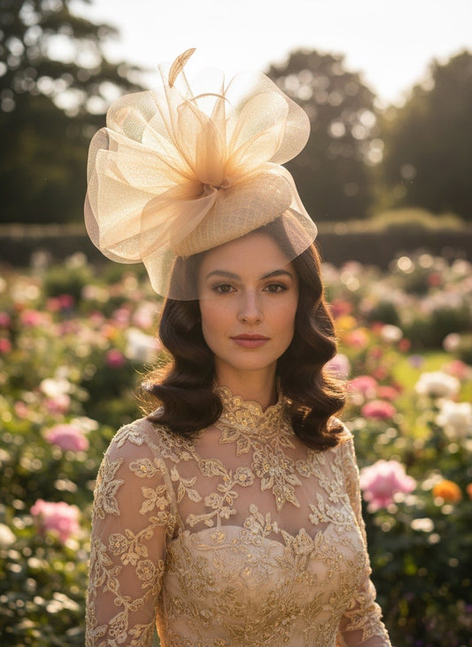 Snoxell Gwyther Gold Hatinator – Embellished Crinoline and Feather Trim Headpiece