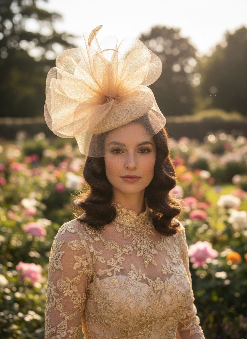 Snoxell Gwyther Gold Hatinator – Embellished Crinoline and Feather Trim Headpiece