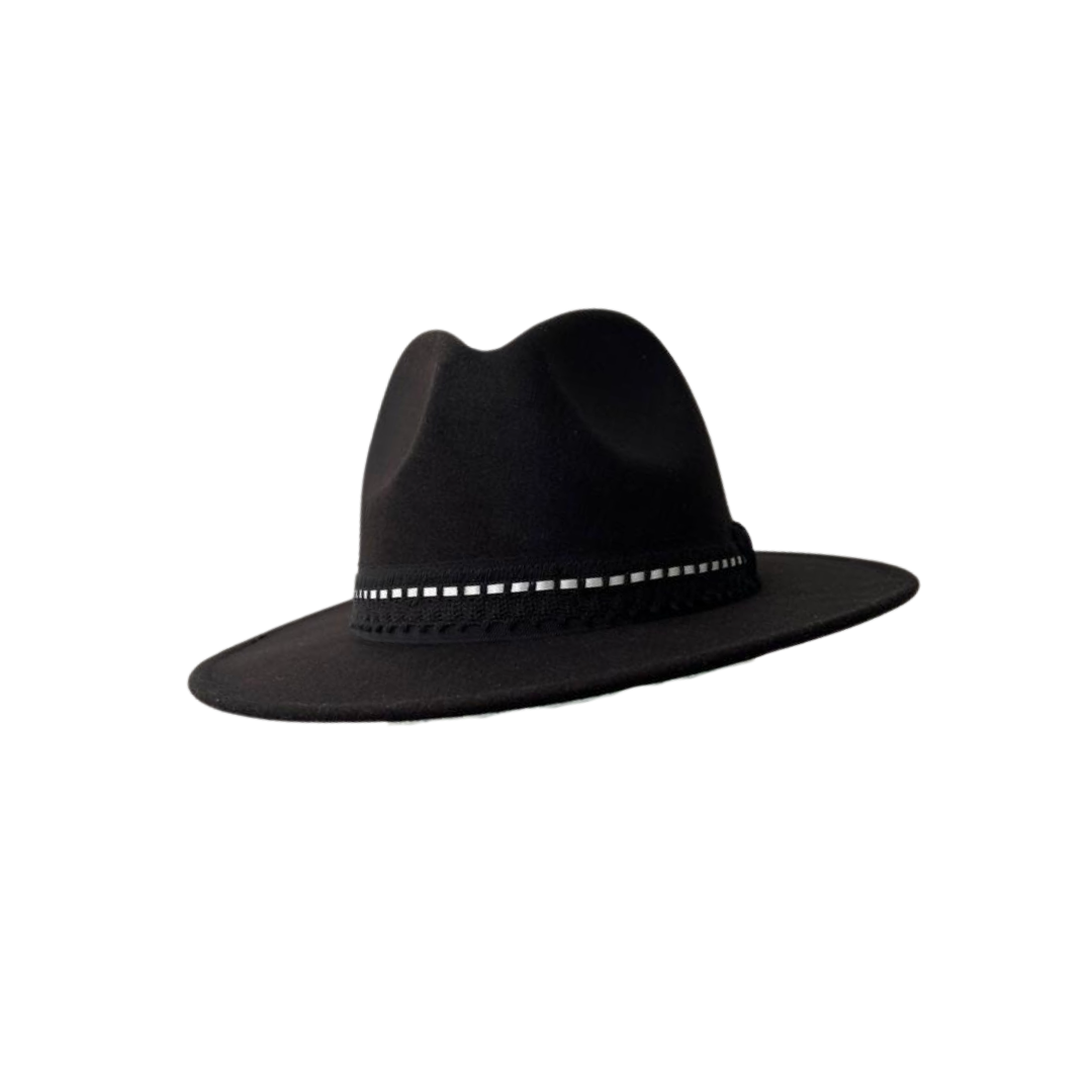 Womens' Black Structured Fedora with Black and Ivory Lace Trim