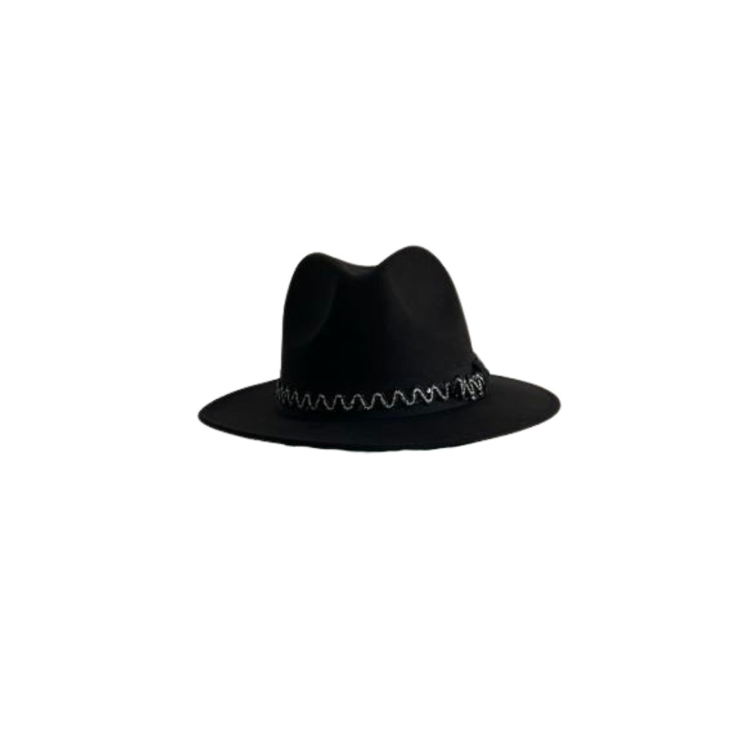 Black Structured Fedora with Patterned Black and Silver Band/Trim